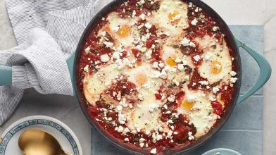 Shakshuka with Red Peppers and Goat Cheese