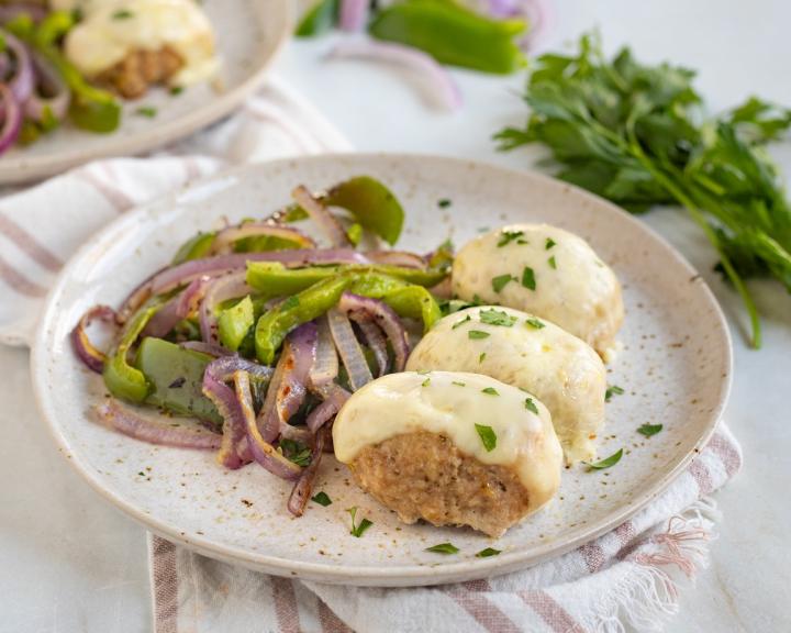 A plate with mini meatloaf and non-starchy vegetables for a healthy easy meal