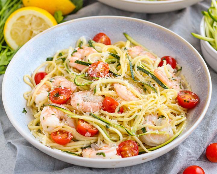 Shrimp Scampi Spaghetti with Zucchini Noodles and Fresh Tomatoes
