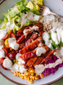 A plate of seared BBQ tempeh with a creamy salad for a diabetes friendly meal that is vegan vegetarian