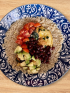 A bowl of vegetarian burrito ingredients
