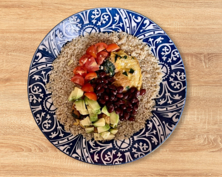 A bowl of vegetarian burrito ingredients